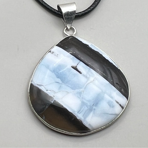 New Blue Owyhee Opal Stone Silver Overlay Pendant Necklace w Cord - Picture 4 of 6